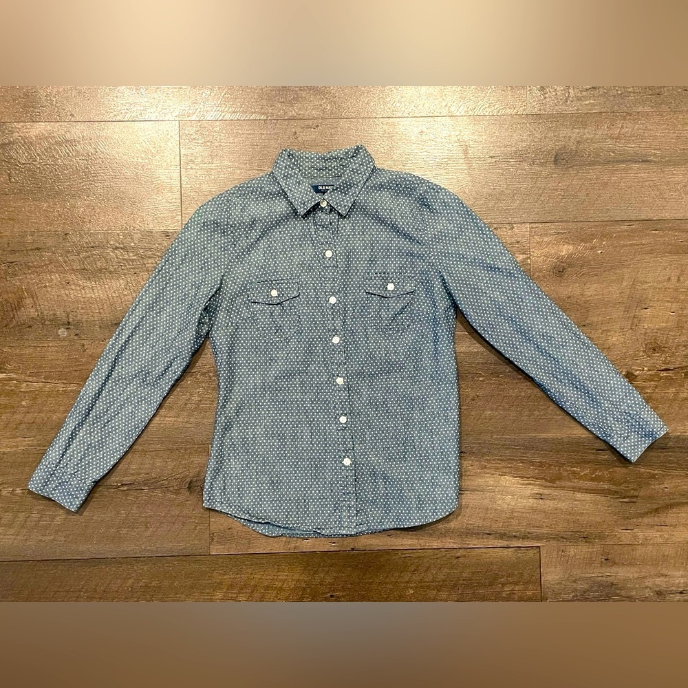 Old Navy Women’s Blue Chambray Polka Dot Casual Button Down Shirt Size XS